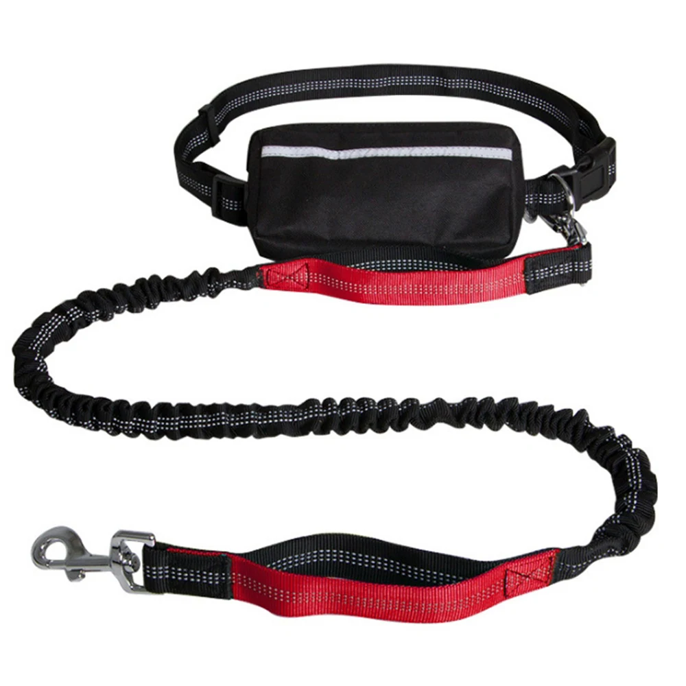 Black tool belt with pouch and red and black elastic lanyard with metal clips