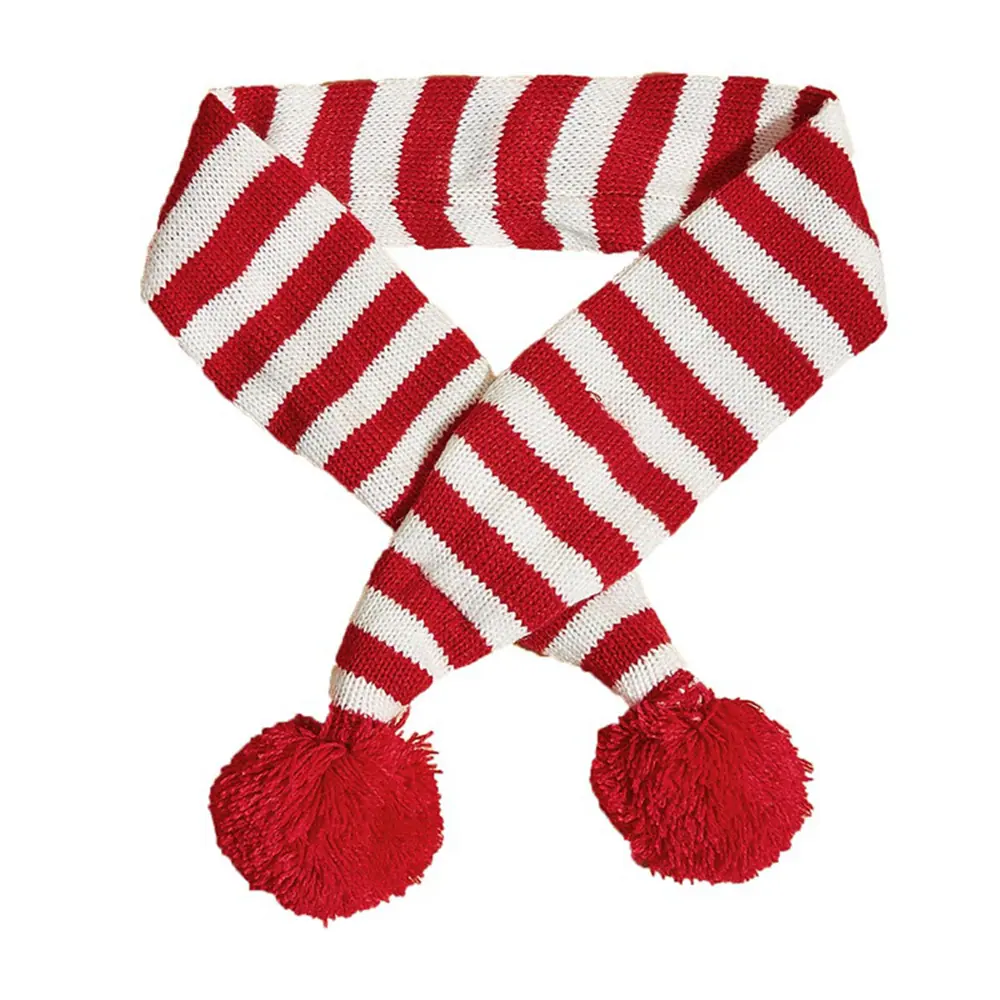 Red and white striped knitted scarf with pom-poms on a white background