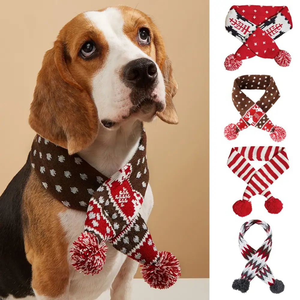 Brown and white dog wearing a knitted scarf with red and white patterns and pom-poms, alongside other scarf designs.