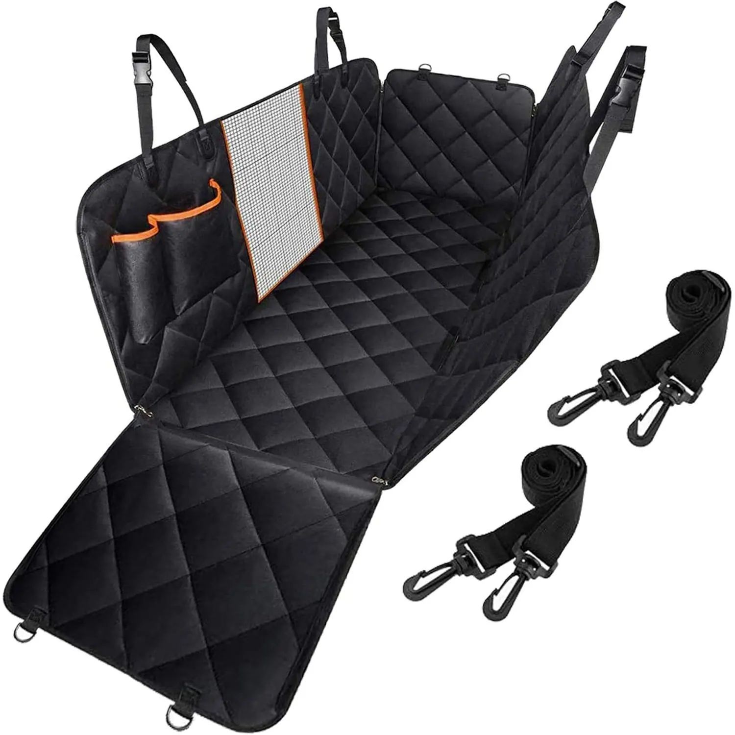 Black quilted dog car seat cover with mesh window, storage pockets, and included safety straps