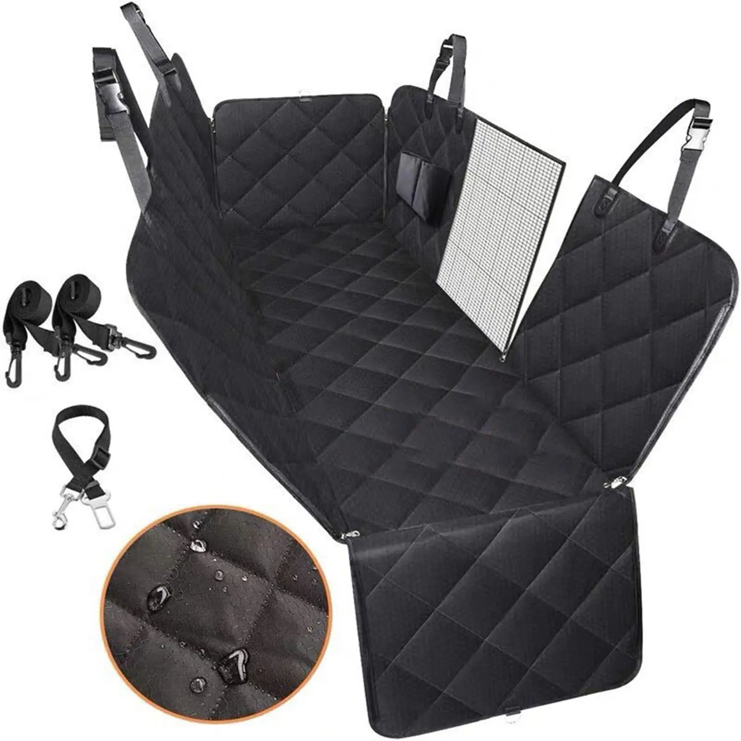 Black quilted dog car seat cover with side flaps, mesh window, and accessories including straps and a water-resistant close-up.