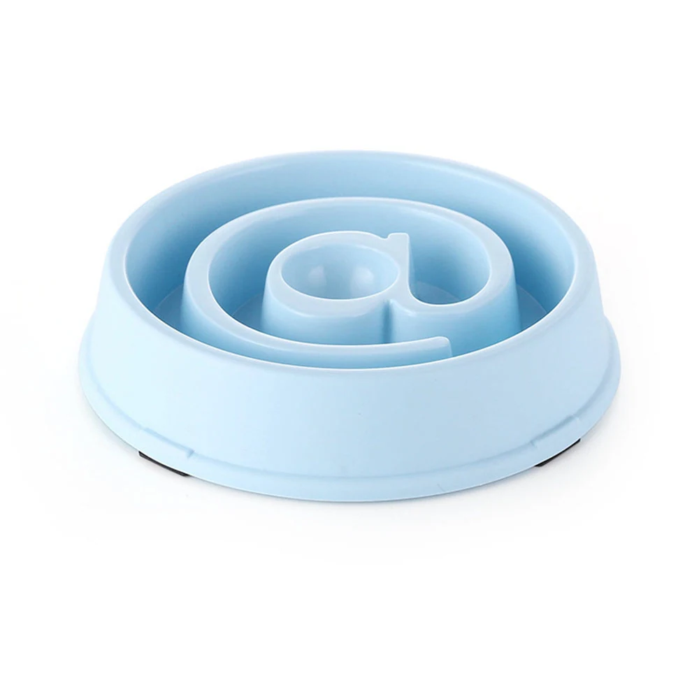 Light blue circular slow feeder bowl with spiral maze design and non-slip base.
