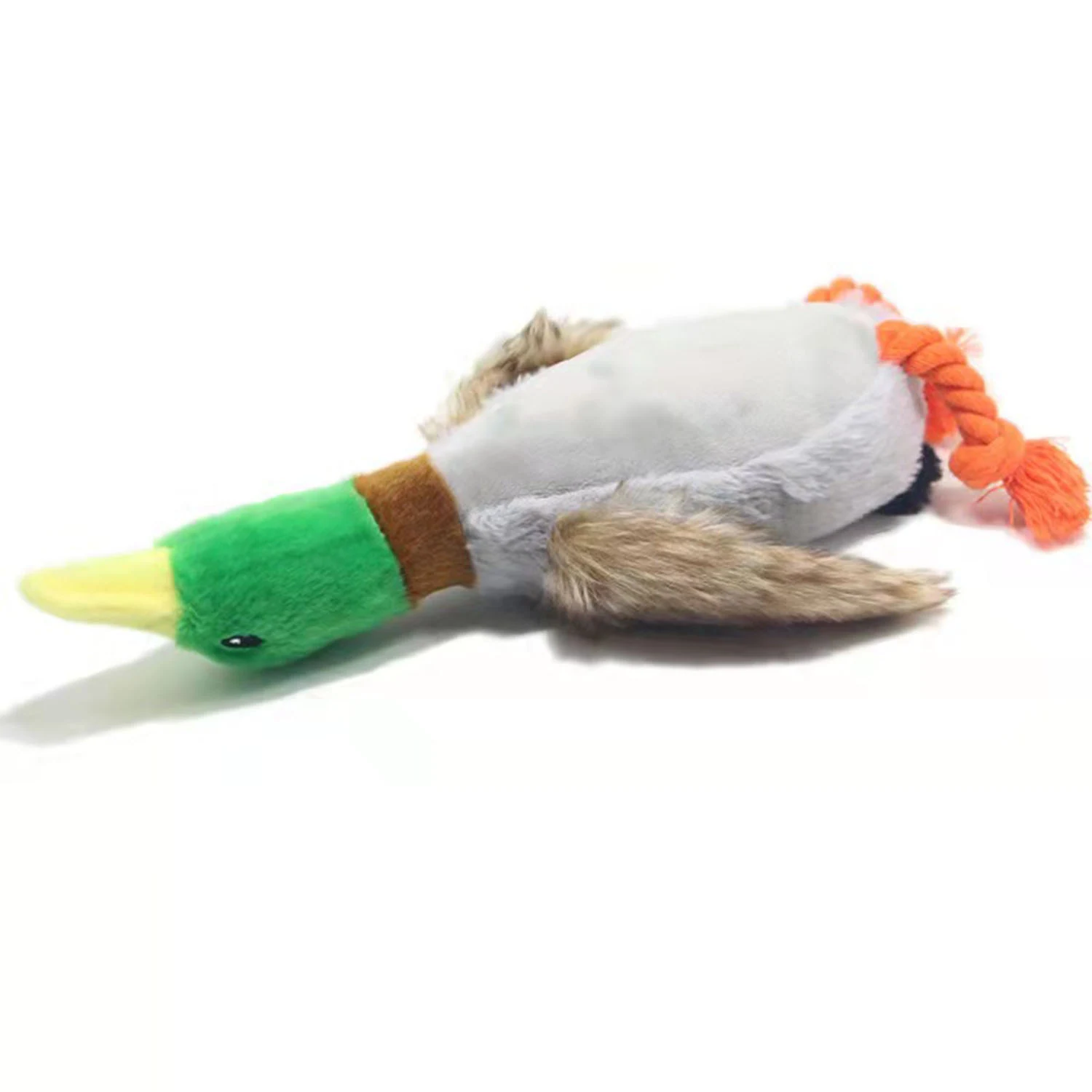 Plush duck-shaped pet toy with a green head, white body, and orange rope tail on a white background.
