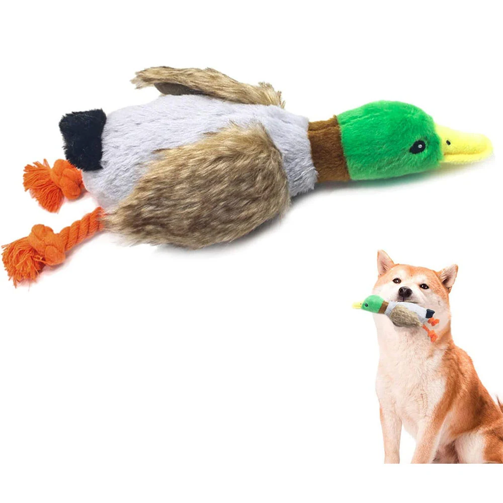 A plush mallard duck dog toy with rope legs displayed alongside a Shiba Inu holding the toy.