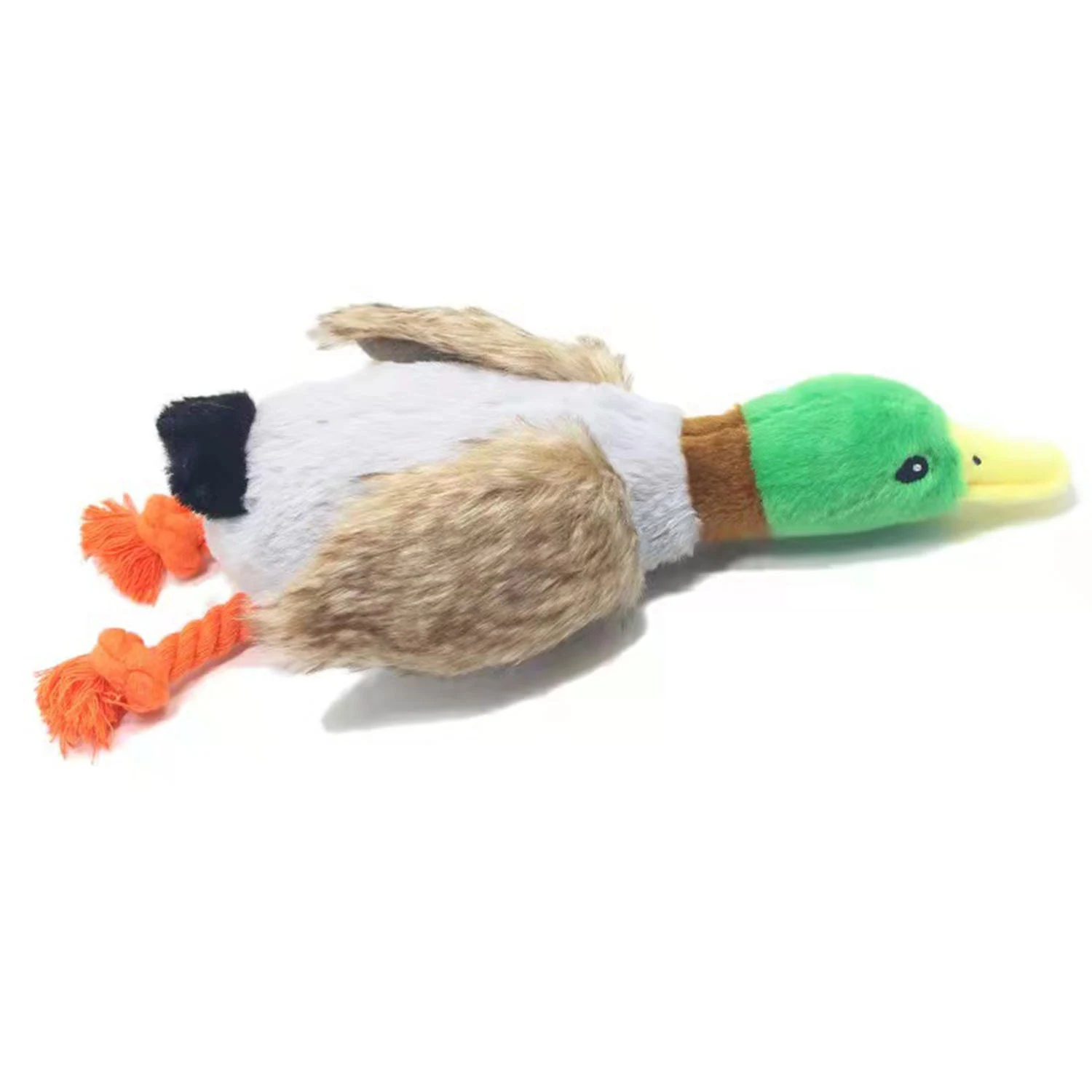A plush duck dog toy with orange rope legs lying on a white background