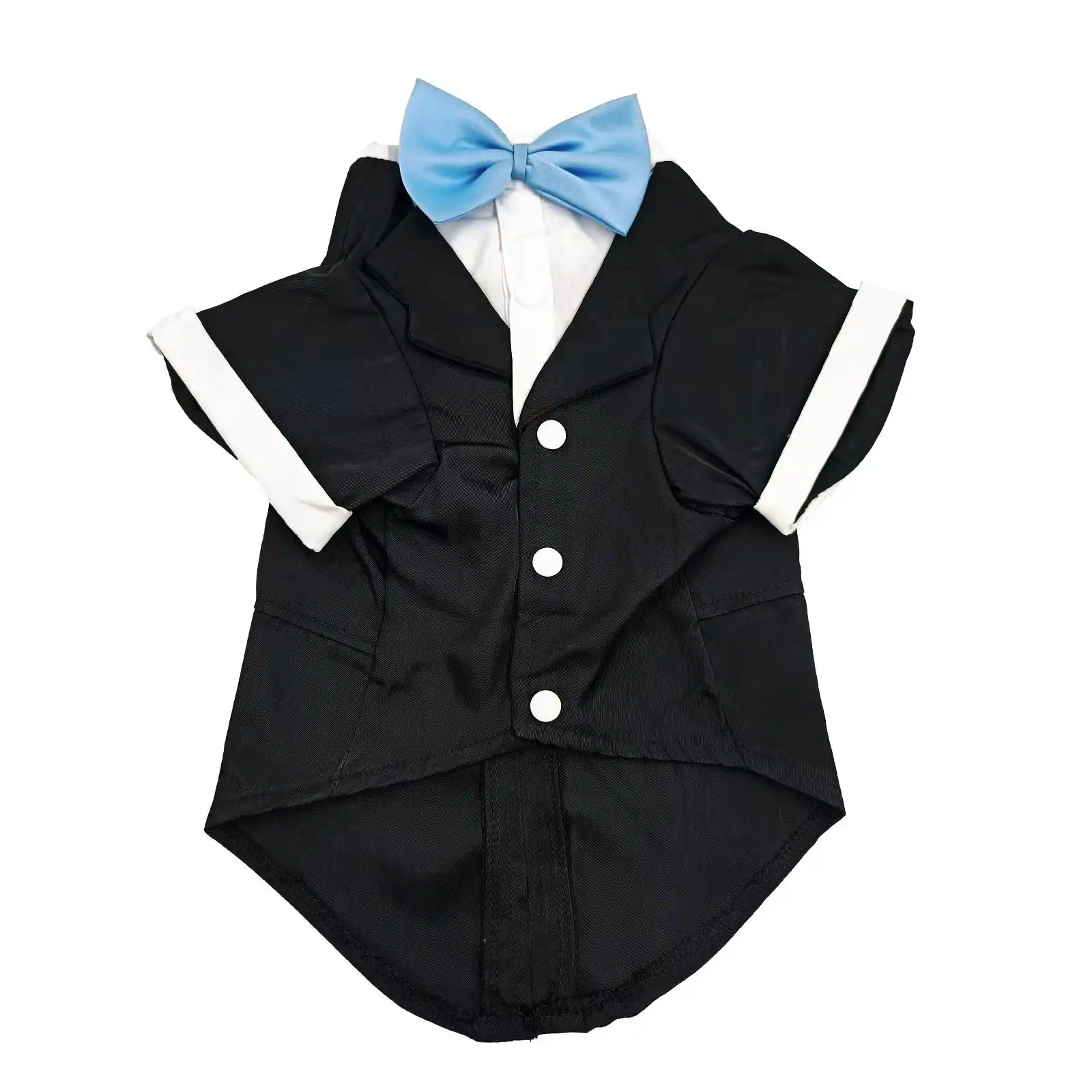 Black tuxedo style pet clothing with white sleeves and a light blue bow tie