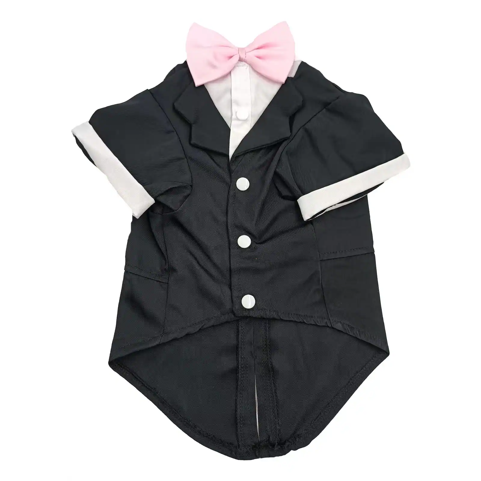 A black pet tuxedo shirt with white cuffs, white buttons, and a pink bow tie.
