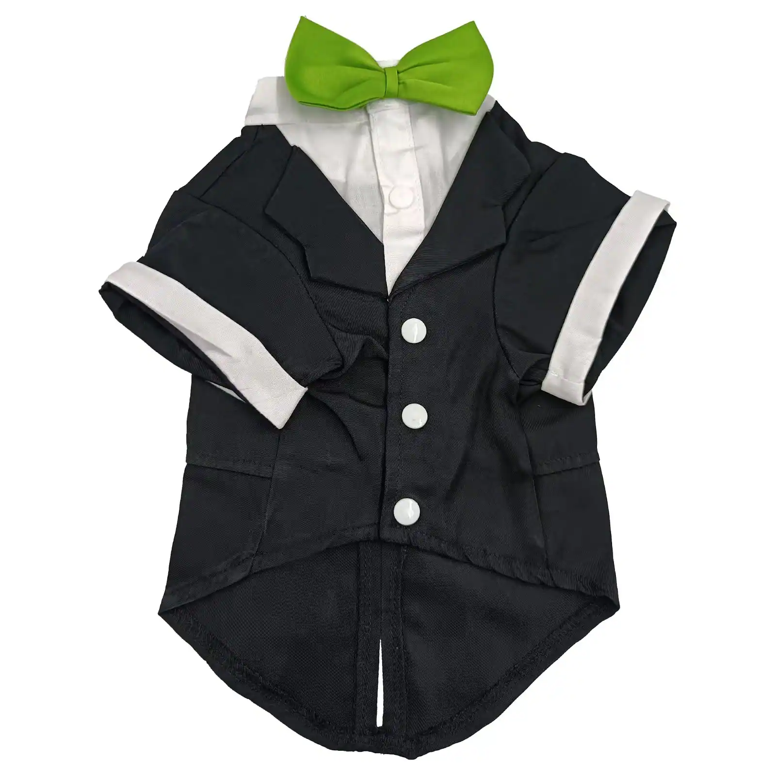 Black formal pet shirt with white cuffs, collar, buttons, and a green bow tie.