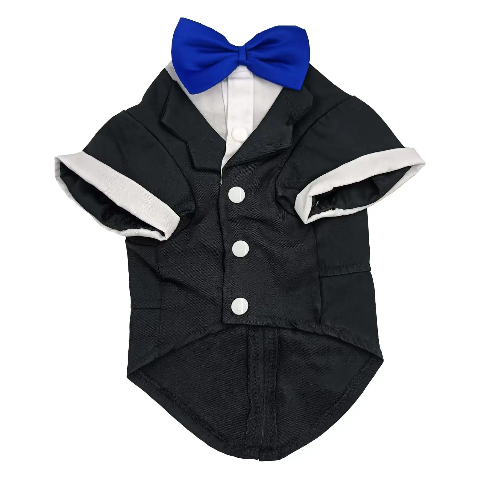 Black tuxedo style pet shirt with blue bow tie and white cuffs