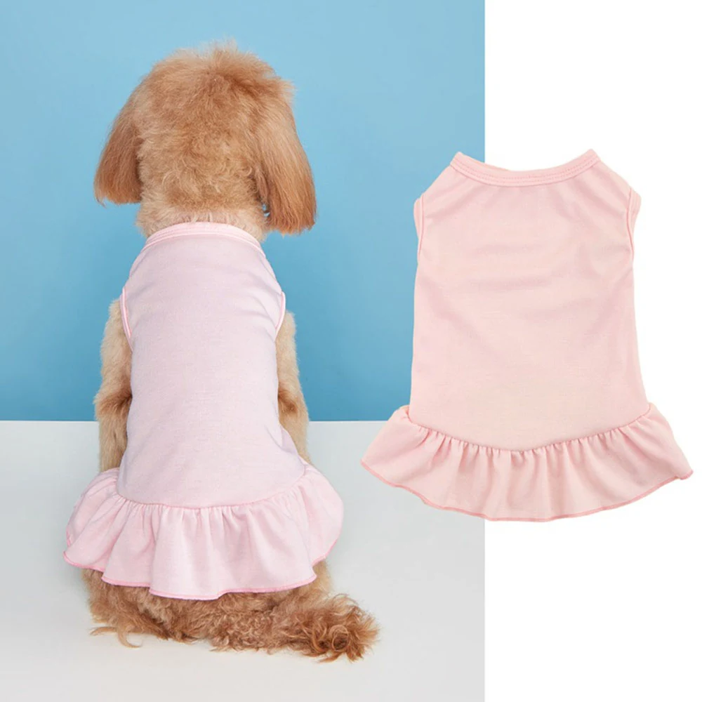 Rear view of a poodle wearing a pink dress with ruffles alongside a product shot of the same dress