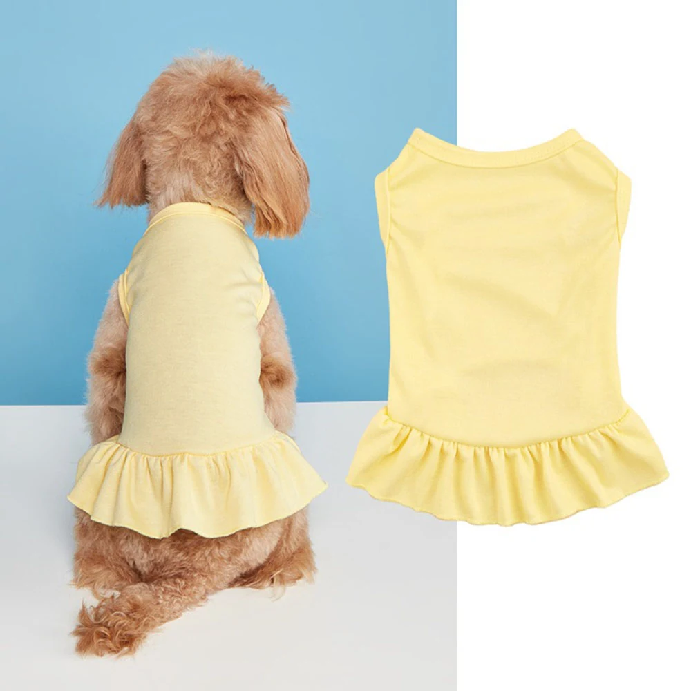 Back view of a brown poodle wearing a yellow sleeveless ruffled dress next to a product shot of the same dress.