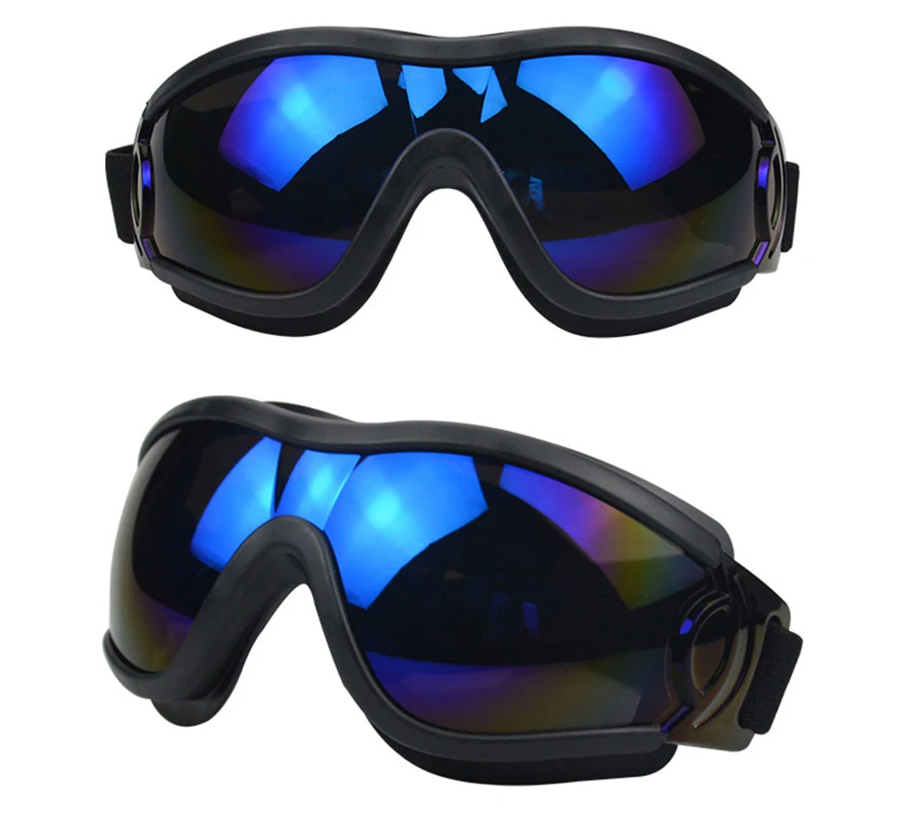 Two views of black safety goggles with blue mirrored lenses and elastic head straps