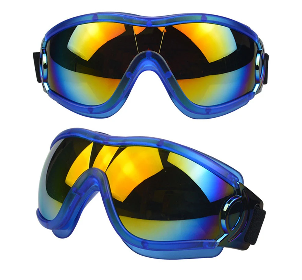 Two views of blue-framed safety goggles with reflective yellow and blue lenses on a white background