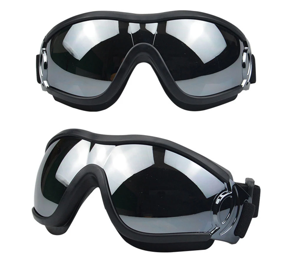 Front and angled views of black safety goggles with reflective silver lenses and elastic straps