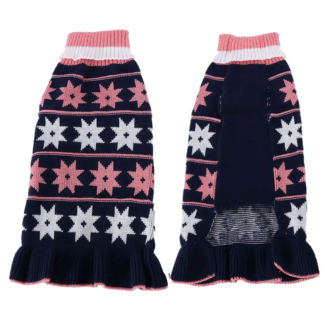 Front and back view of a navy blue knitted dog sweater with pink and white star patterns and a ruffled hem.