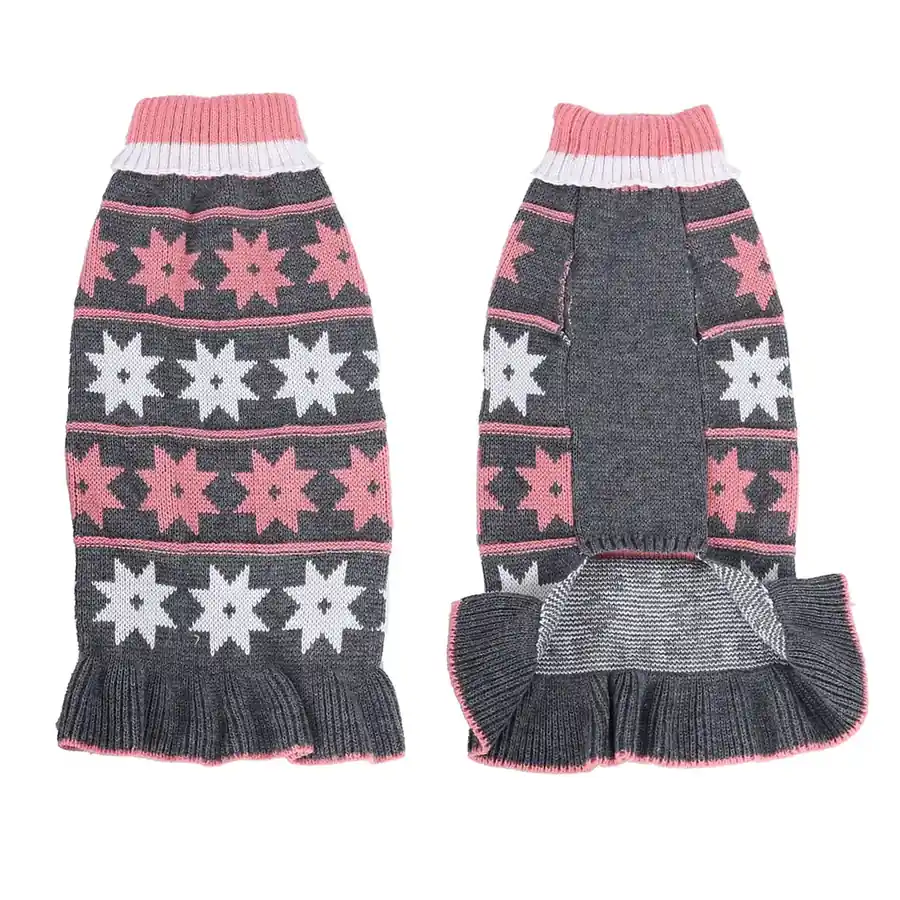 Front and back views of a gray, pink, and white patterned knit dog sweater with ruffled hem.