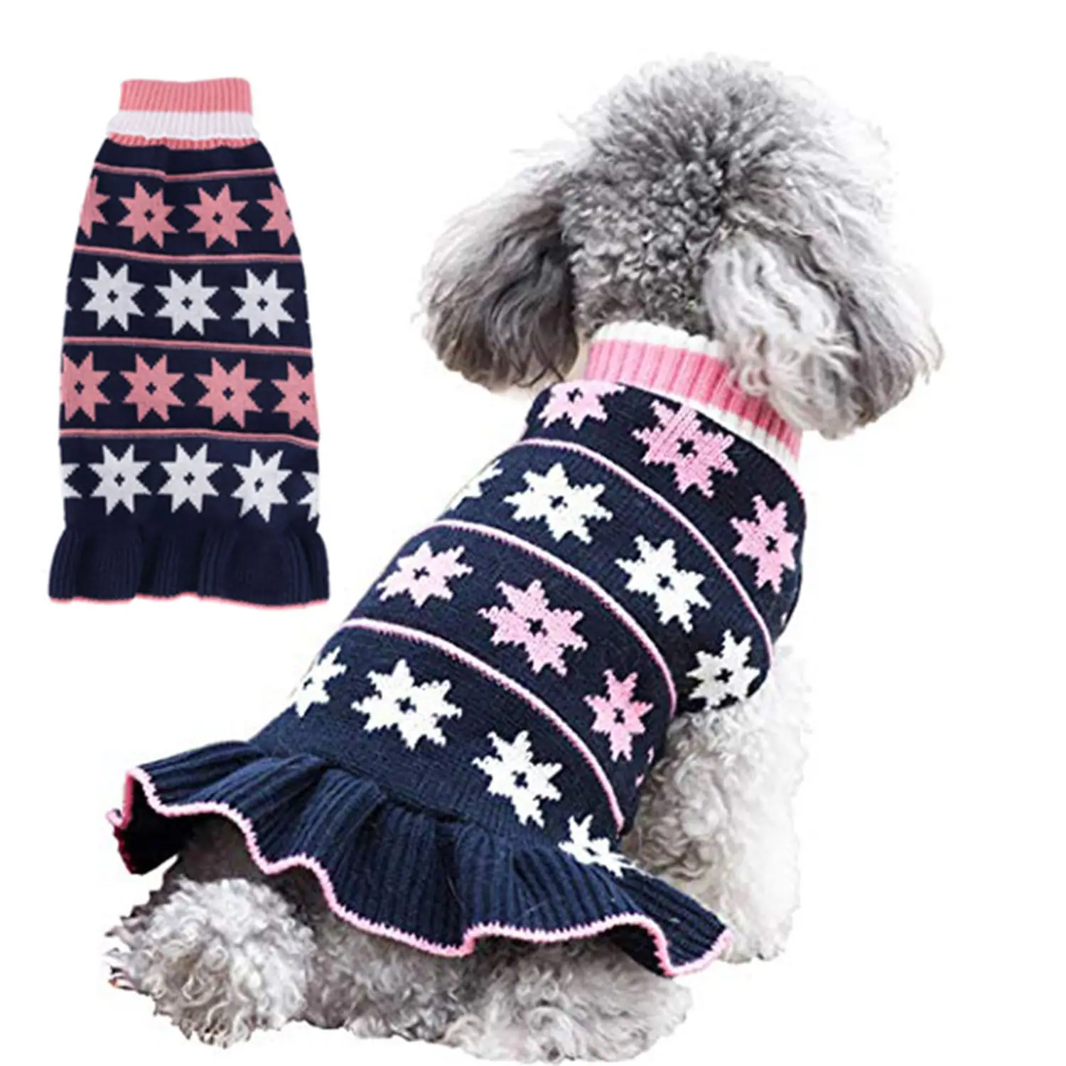 Gray poodle wearing a navy blue knit sweater with pink and white snowflake patterns and a ruffled hem