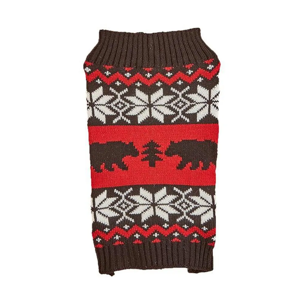 Brown, red, and white knitted sweater with a bear and snowflake pattern