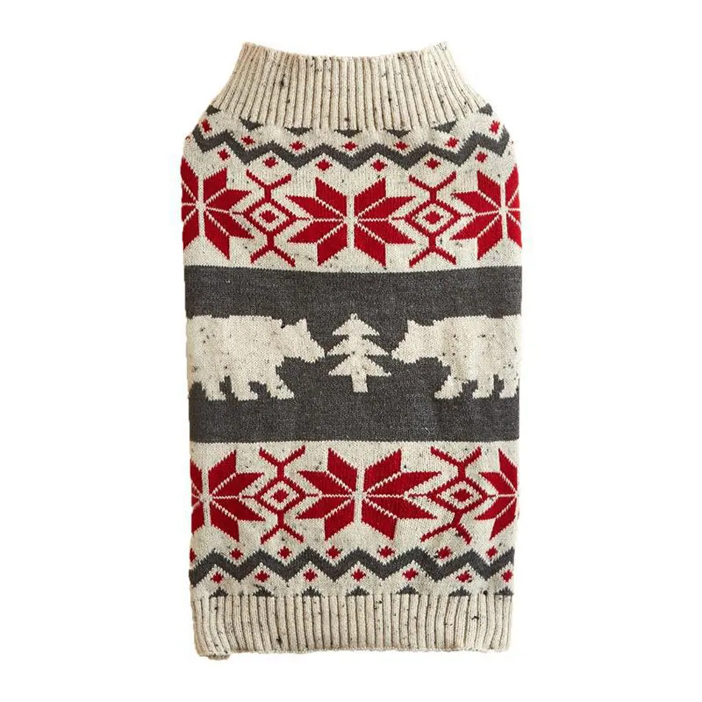 Cream and grey knitted dog sweater featuring red snowflake and bear patterns