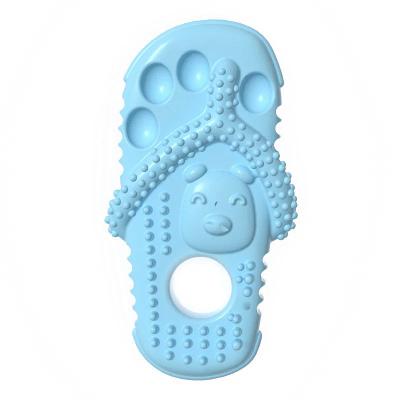 Light blue textured silicone flip flop toy with a bear face molded into the strap.