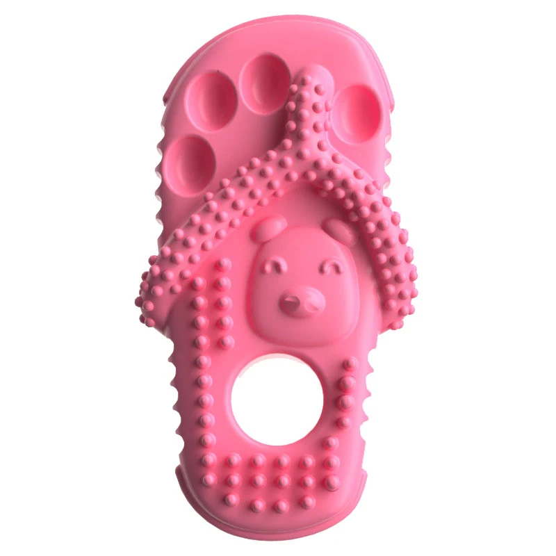Pink silicone flip-flop style teething toy with bear face and textured straps