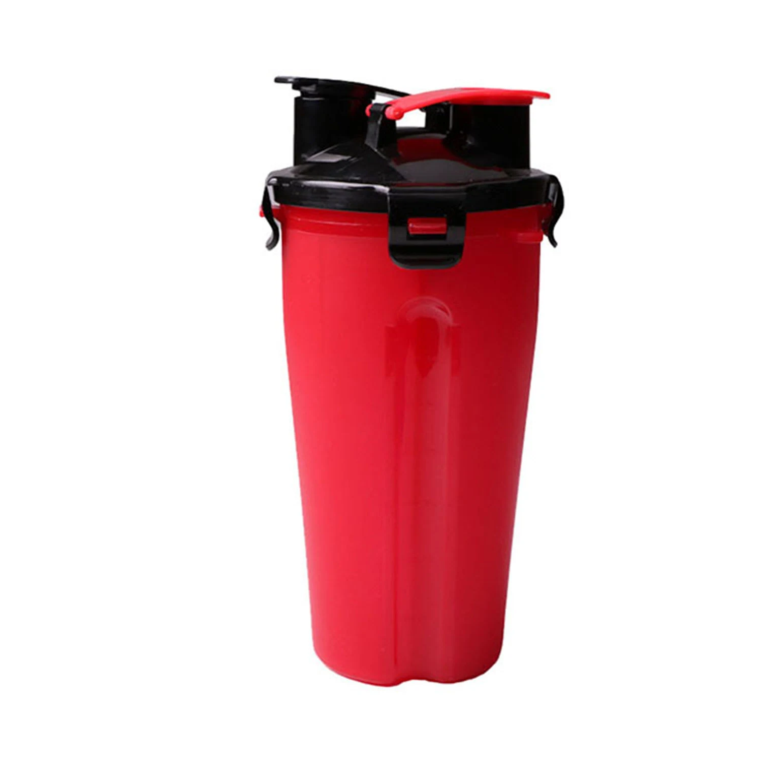 A red plastic shaker bottle with a black flip-top lid and handle, standing against a white background.