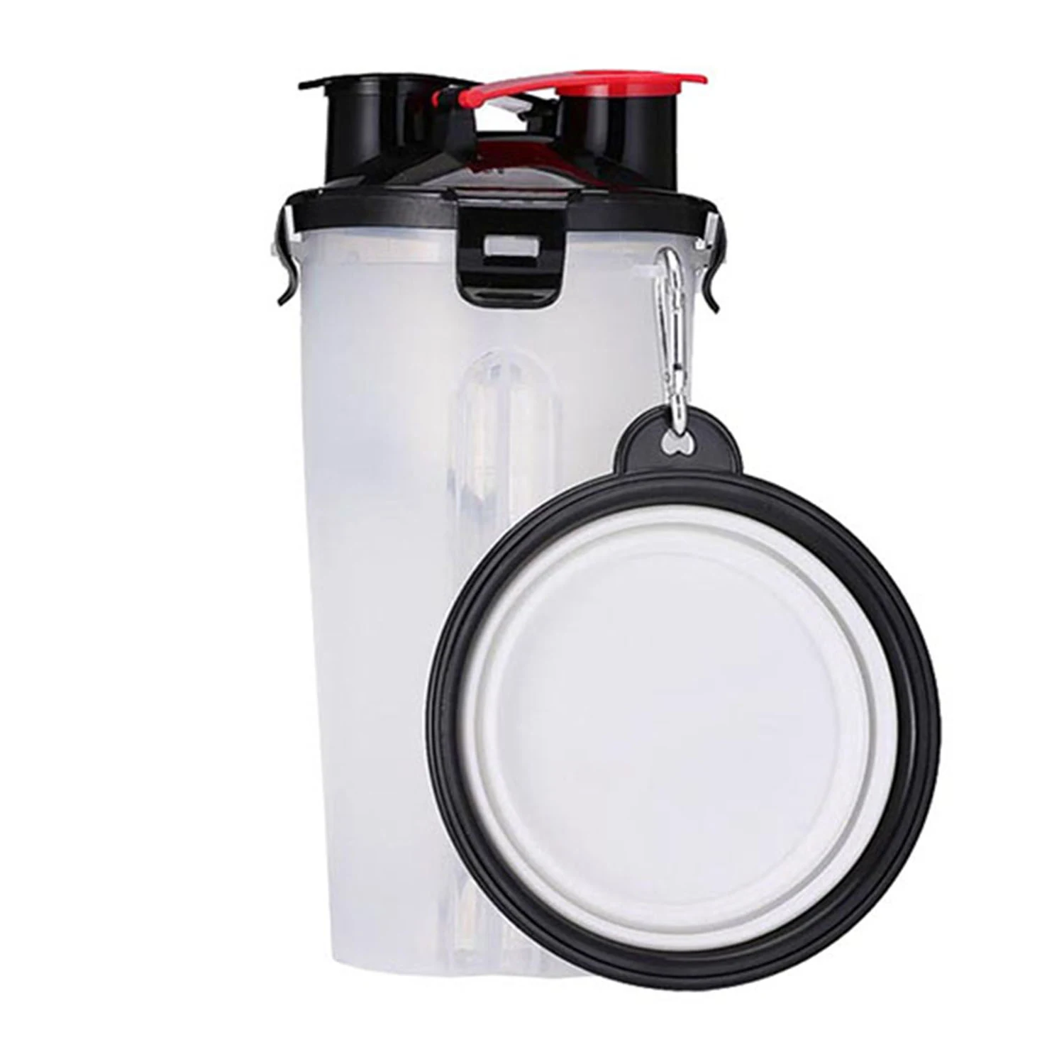 Translucent plastic shaker bottle with black lid and red flip-top, shown with a collapsible bowl attachment