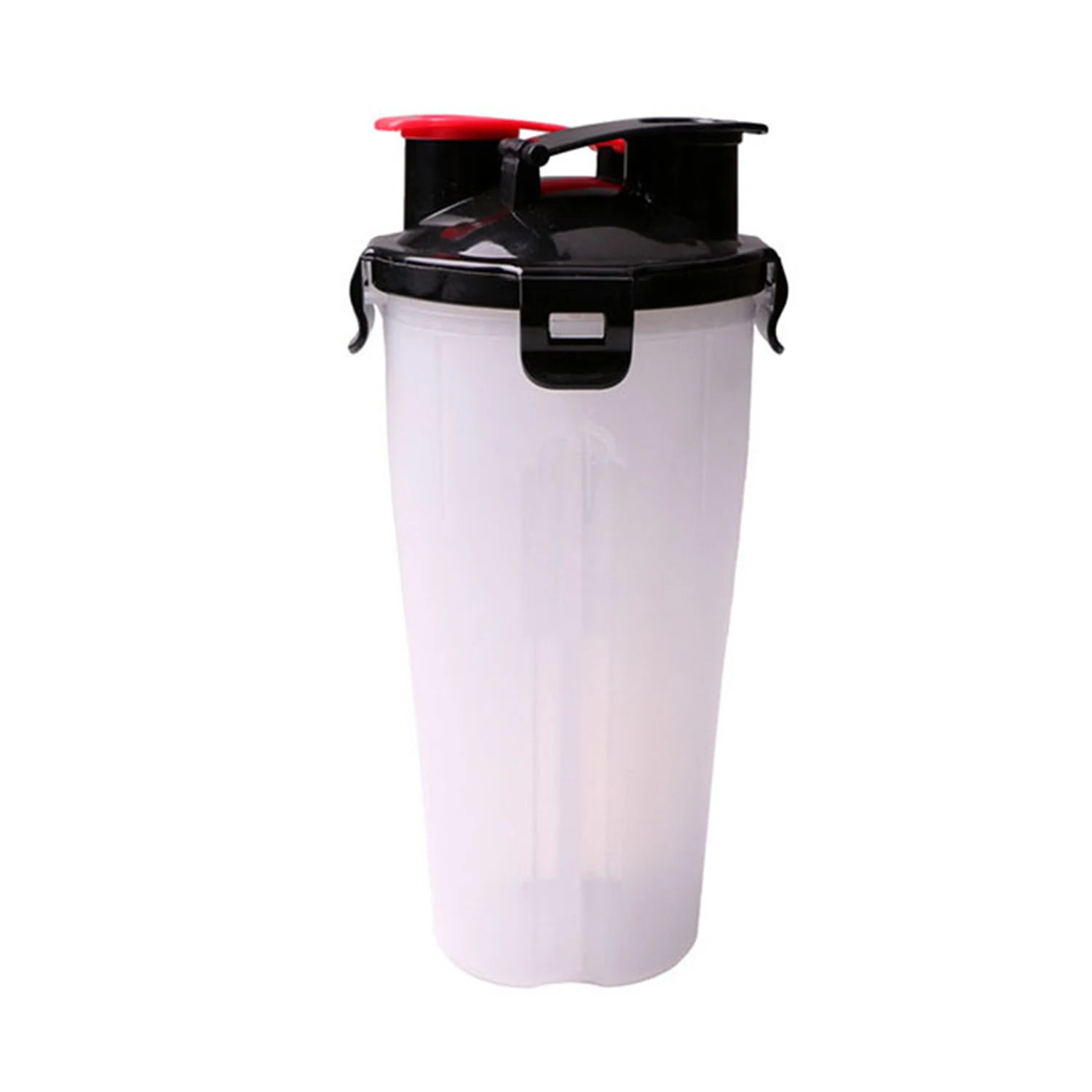 Translucent white plastic shaker bottle with a black lid and red flip-top cap on a white background