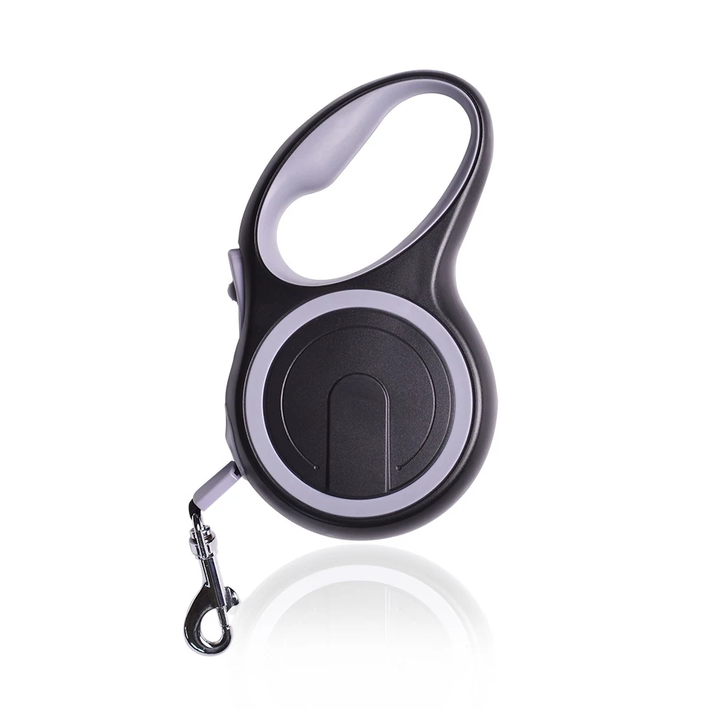 Black and grey retractable dog leash with a metal clip on a white background