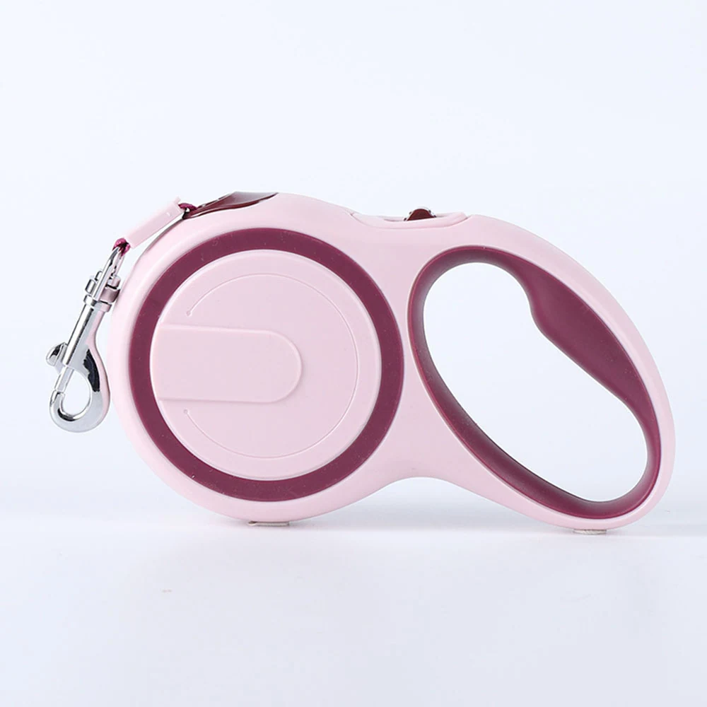 Pink and maroon retractable dog leash with metal clip