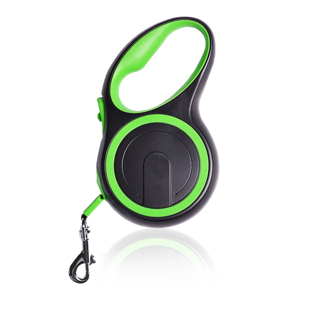 Black and lime green retractable dog leash with a metal clip on a white background