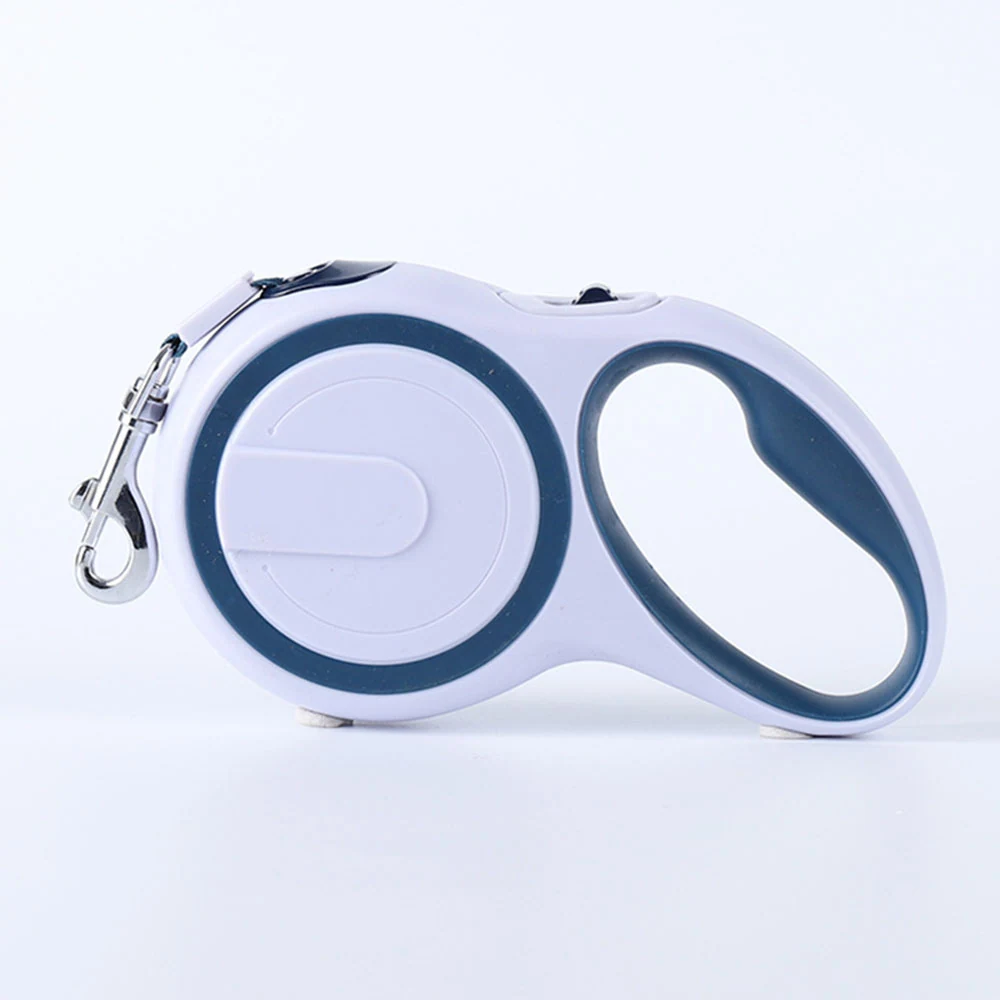 White and blue plastic retractable dog leash with metal clip