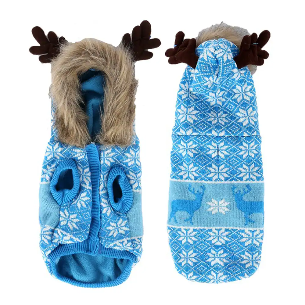 Blue reindeer antler pet sweater shown from front and back
