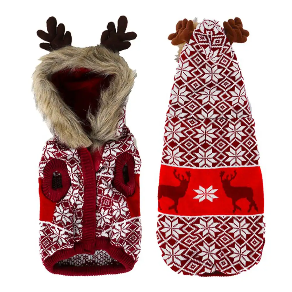 Red and white knitted pet reindeer coat with faux fur hood shown from front and back