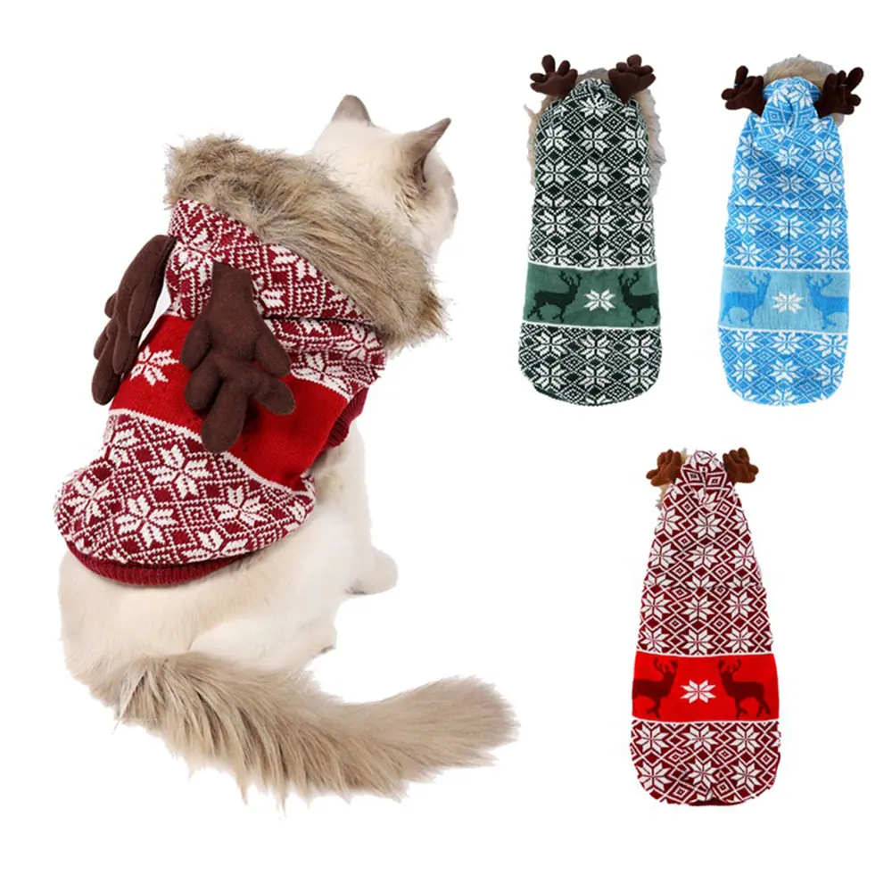 Cat wearing a red reindeer antler sweater alongside green, blue, and red color variants