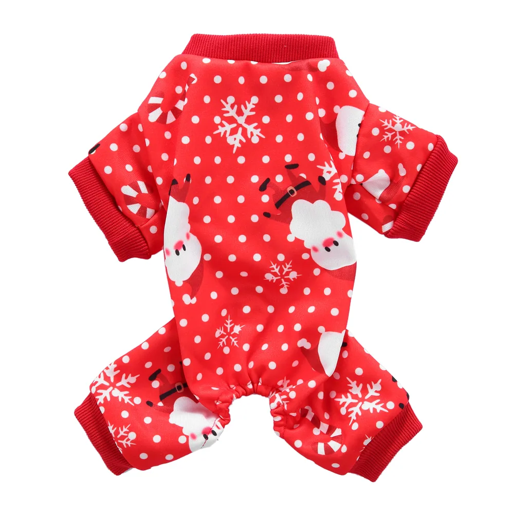 Red polka dot pet clothing with snowman and snowflake print