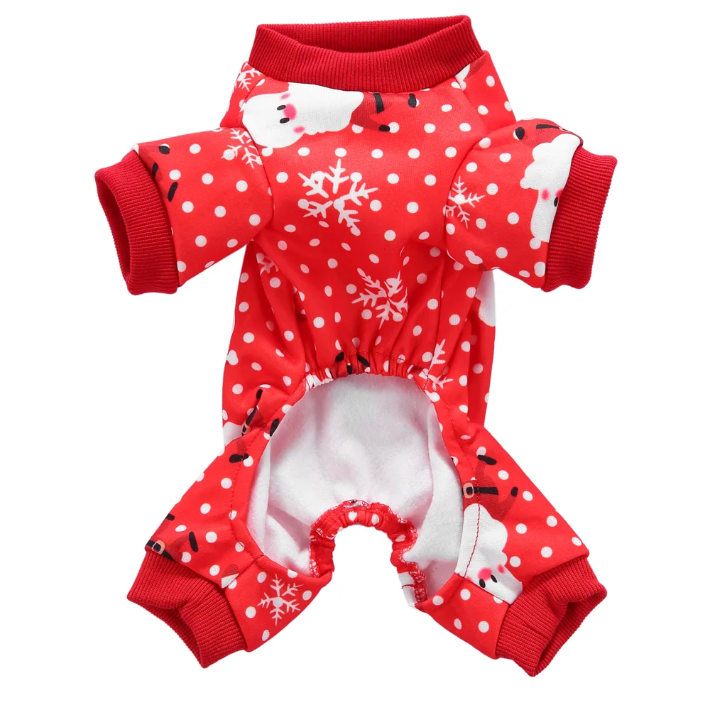 Red Christmas dog clothing with white snowflake and polka dot pattern