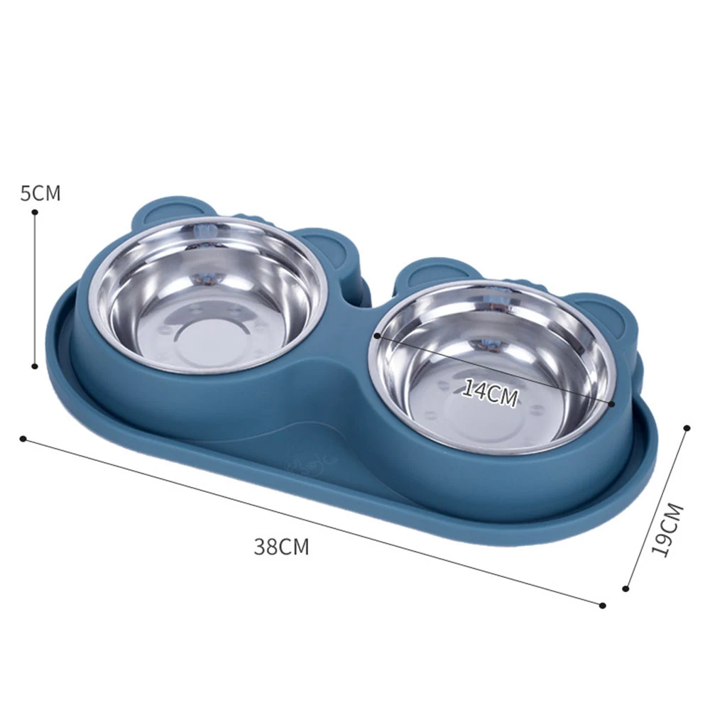 Blue double pet bowl stand with two stainless steel bowls and dimension markers