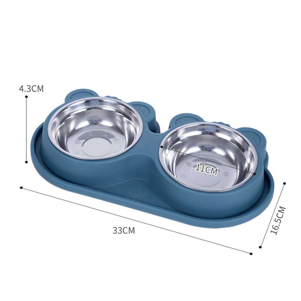 Blue double pet bowl with stainless steel inserts and dimension lines