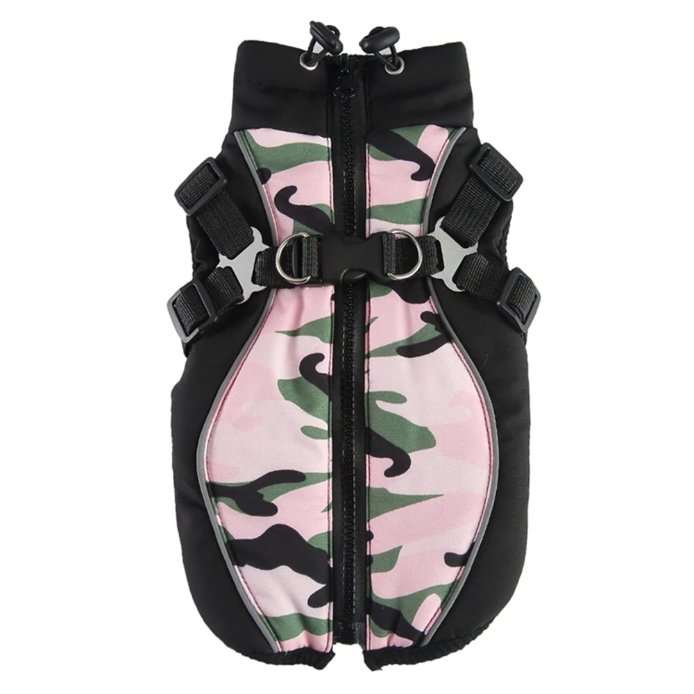 Pink camouflage dog harness vest with black zippers and adjustable straps