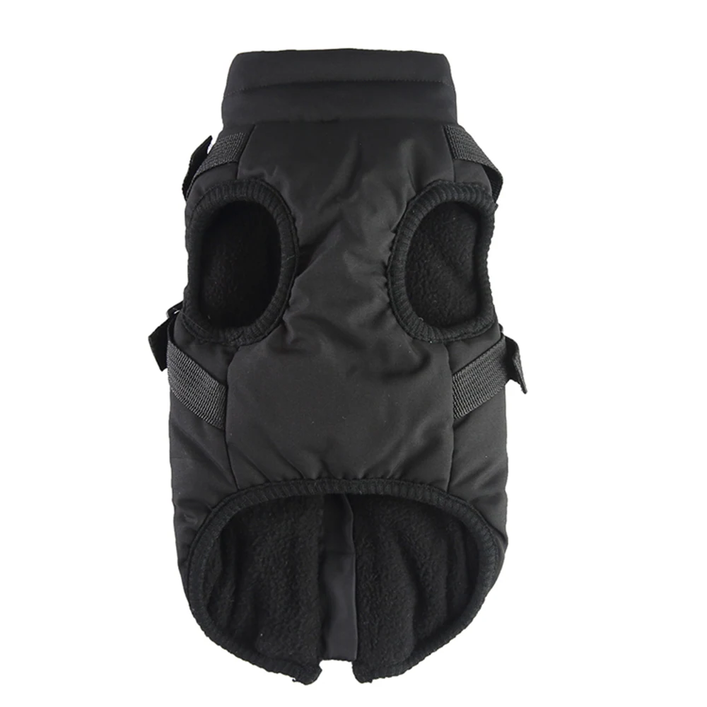 Black quilted dog vest with fleece lining and adjustable straps