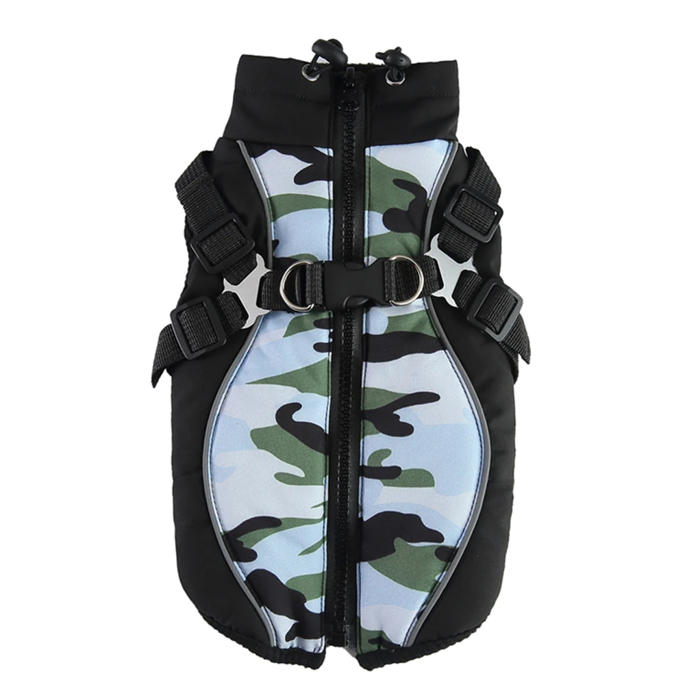 Front view of a black and blue camouflage dog harness with a central zipper and adjustable straps.