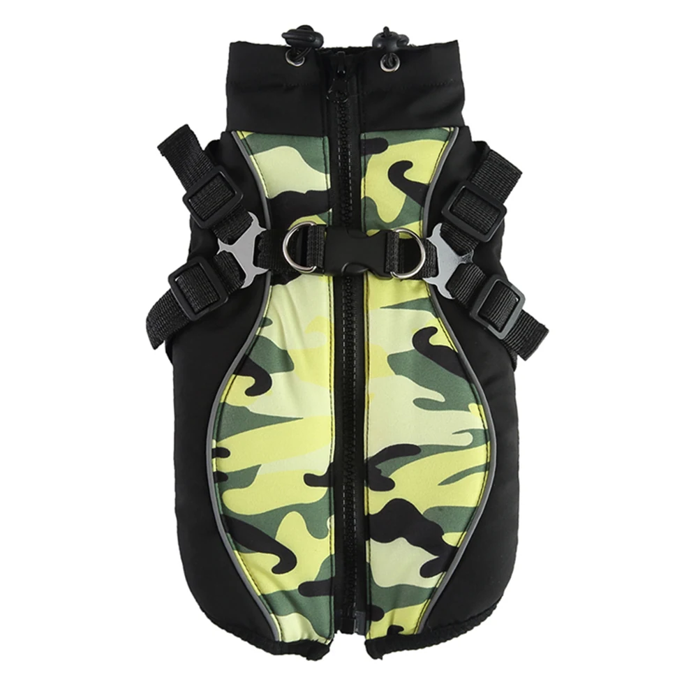 Front view of a black and camouflage dog life jacket with a central zipper, side buckles, and metal D-rings