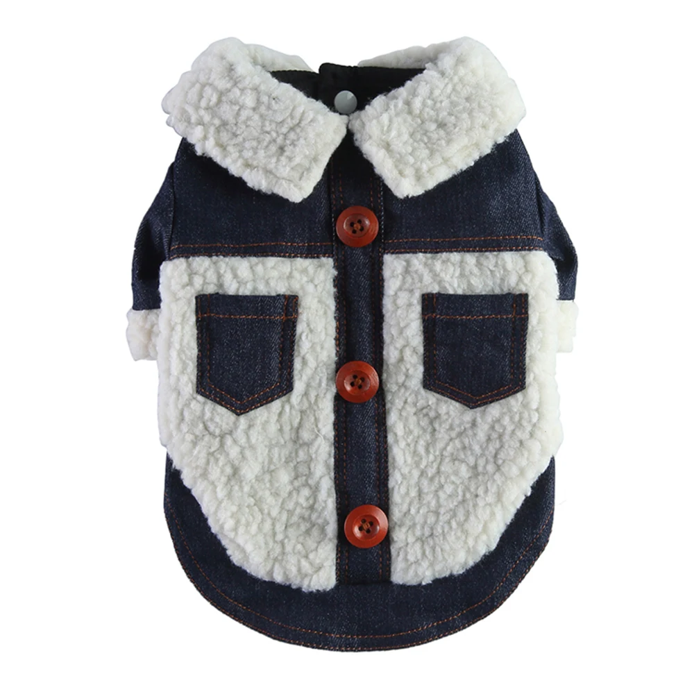 Front view of a denim and fleece pet jacket with brown buttons and two pockets
