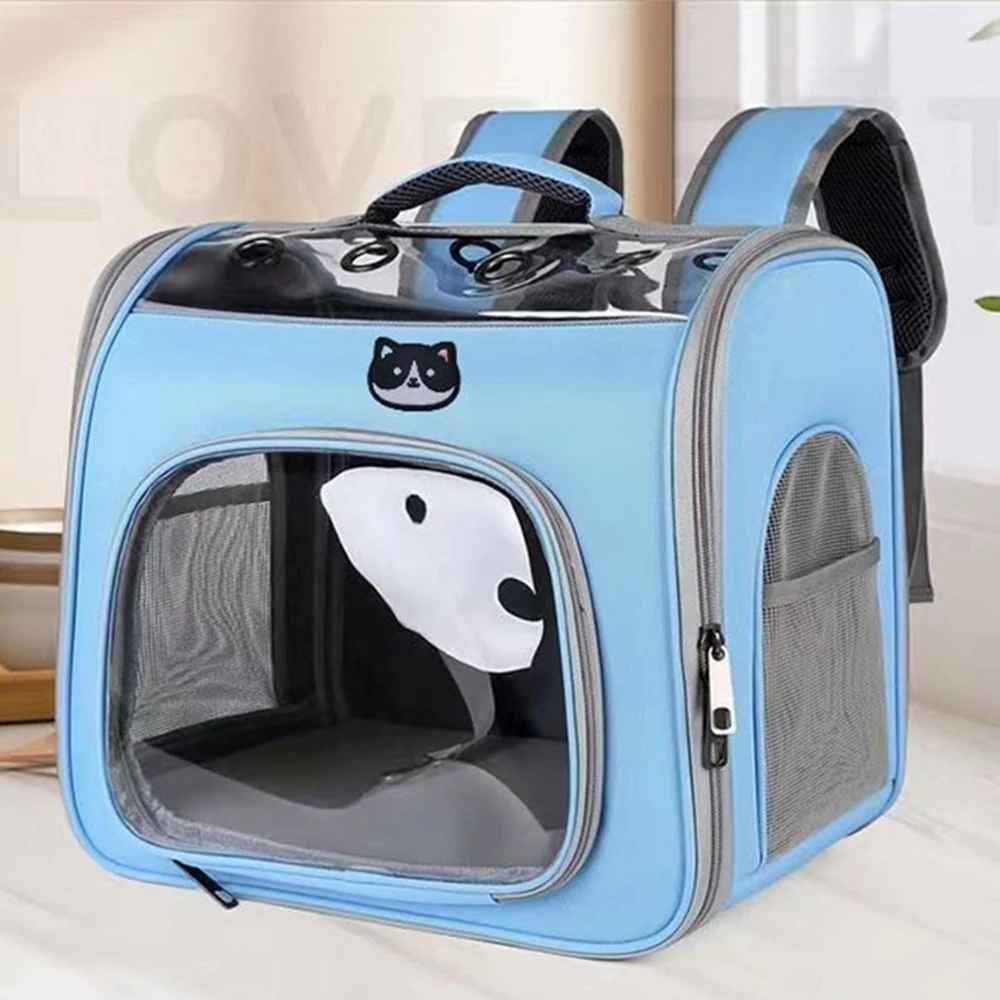 Light blue pet carrier backpack with mesh windows and a clear bubble dome.