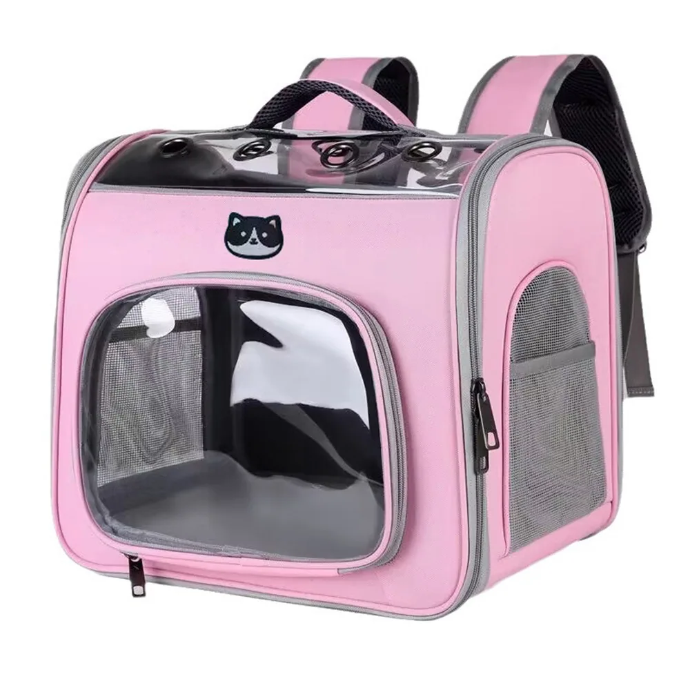 Pink pet carrier backpack with clear bubble window and mesh ventilation panels
