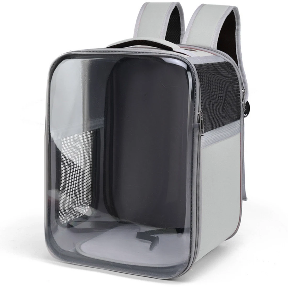Grey transparent backpack with mesh sides and front panel