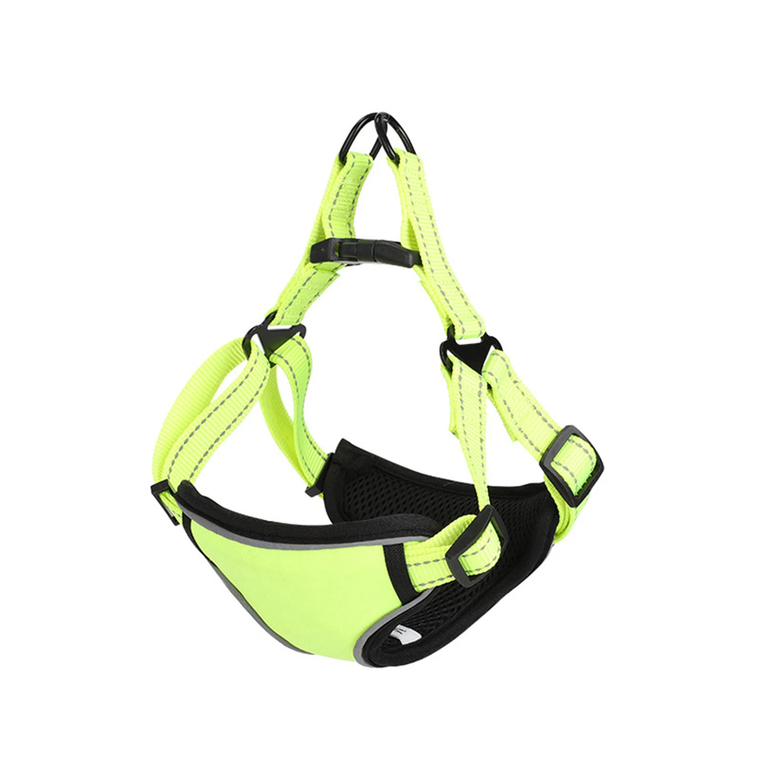 Neon yellow and black mesh pet harness with adjustable straps and a metal D-ring