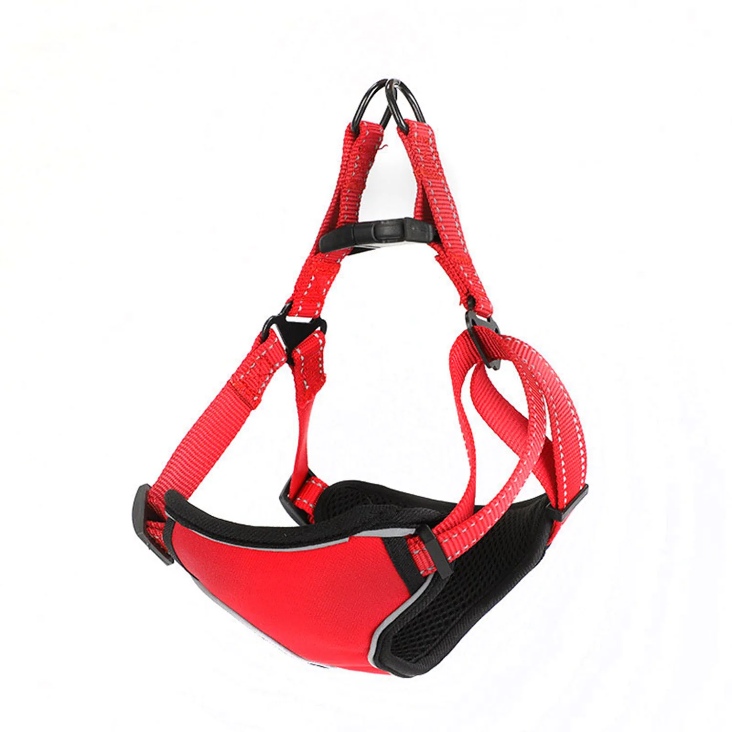 Red and black safety harness with metal clips and mesh padding on a white background