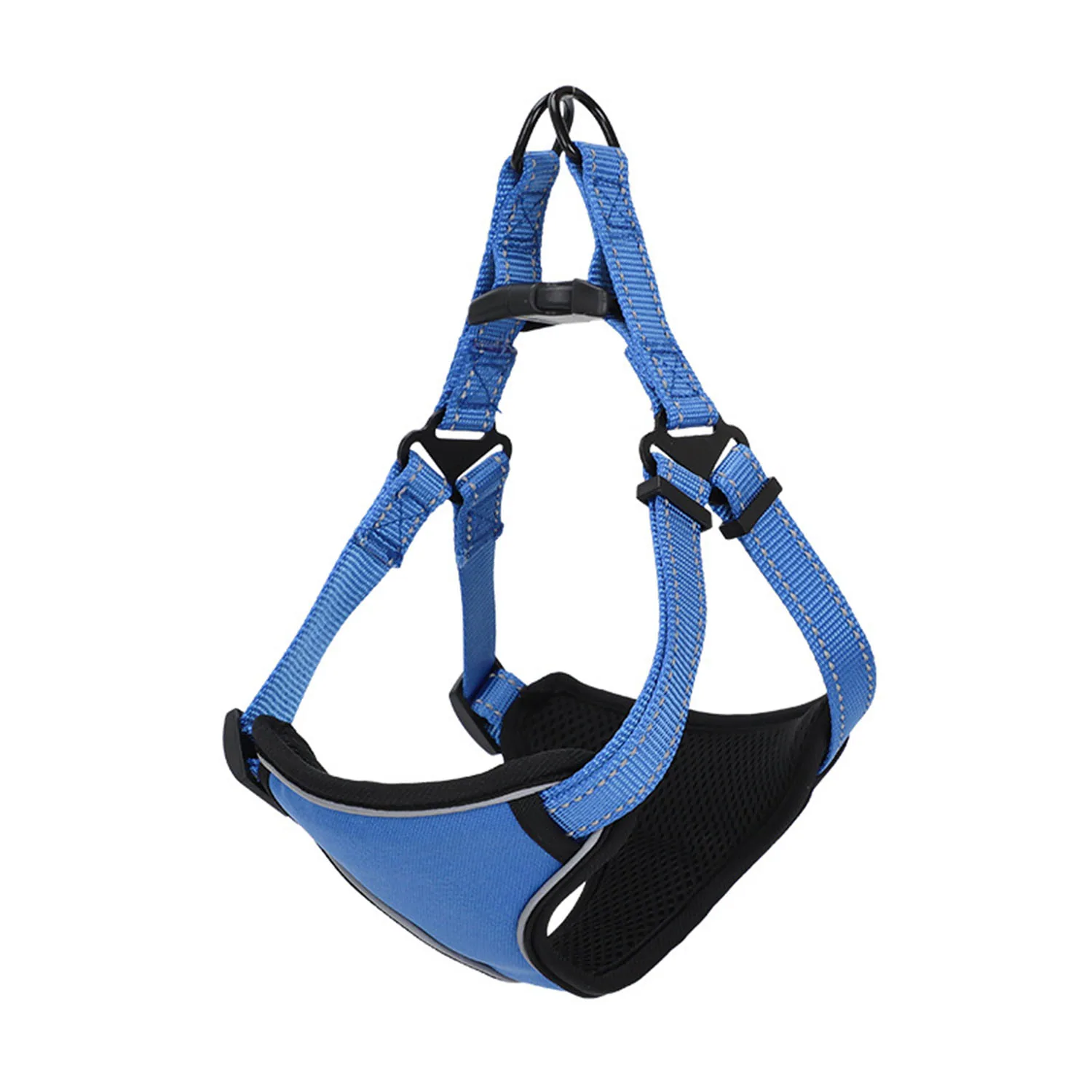 Blue pet harness with black mesh chest plate and adjustable straps on a white background.